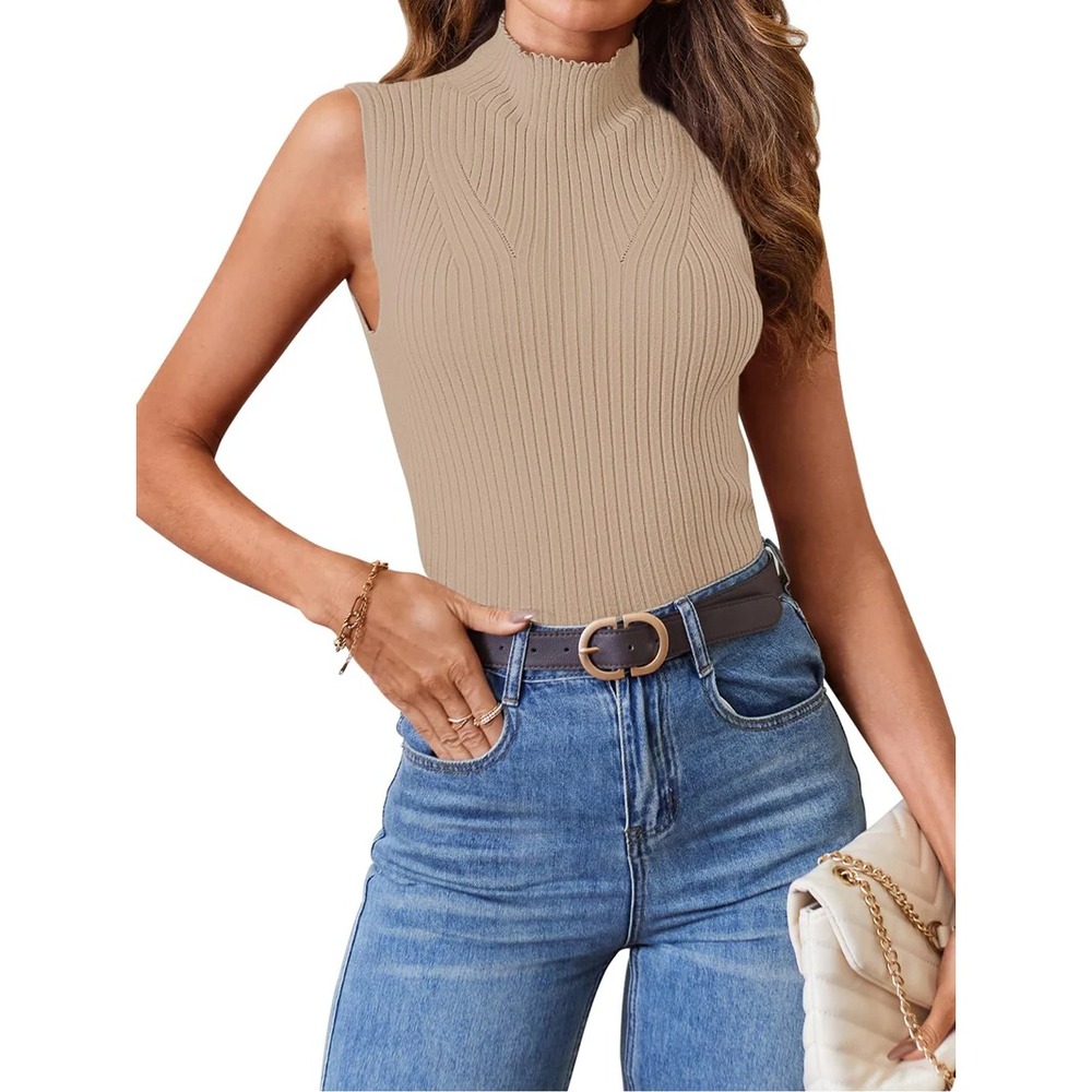 Merokeety khaki brown Ribbed round turtle Neck Long Sleeve Sweater large
